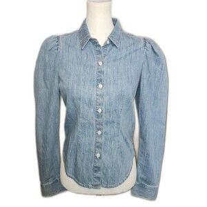 Express Medium Blue Denim Button-Up Shirt, Puff Shoulders, XS